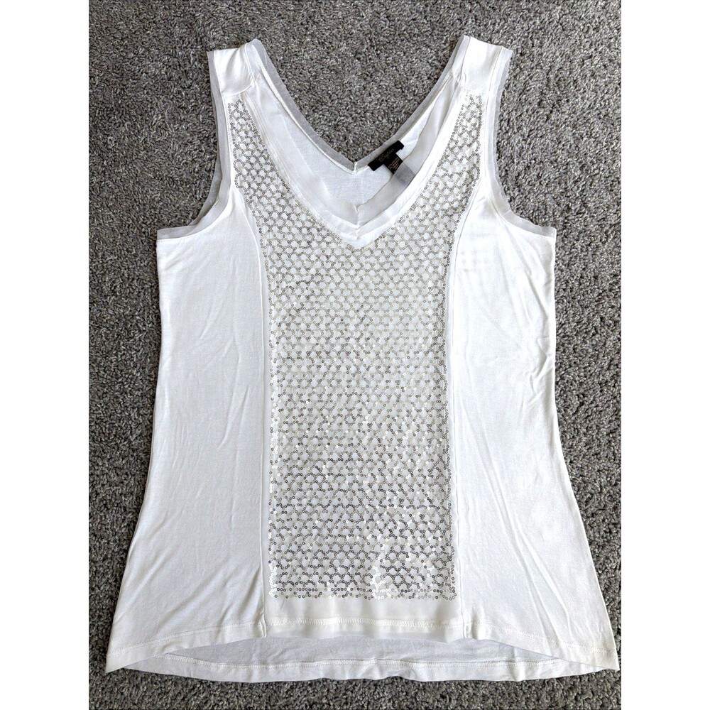 CUPIO White with Silver Sequins Front Sleeveless V-Neck Tank Style TOP, Size L